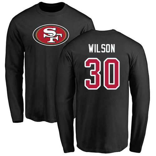 Men San Francisco 49ers Black Jeff Wilson Name and Number Logo #30 Long Sleeve NFL T Shirt->nfl t-shirts->Sports Accessory